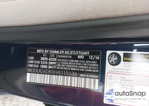 2017 Mercedes-Benz S 550E Plug-In Hybrid z USA, uszkodzony, nr VIN WDDUG6DBXHA315136